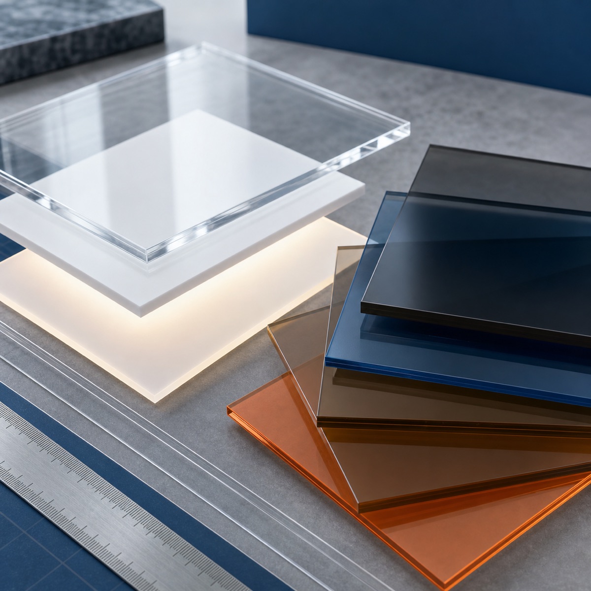 Plaques PMMA transparentes blanches diffusantes et colorées à la coupe