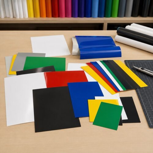 Chutes de vinyle adhésif coloré disponibles en petits formats A4 et A3