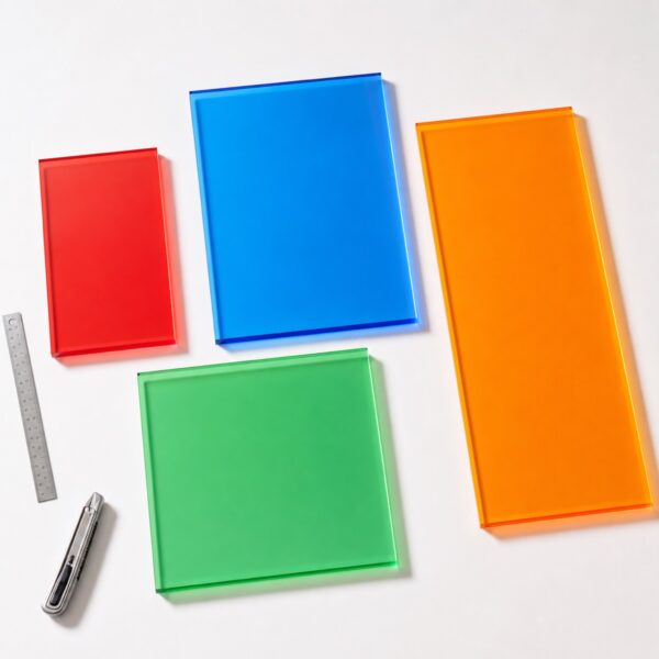 Formats de plaques PMMA transparent coloré Plaques PMMA transparent coloré proposées en formats A4, A3, 500 x 500 et 1000 x 500 mm