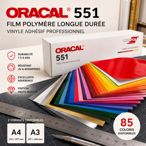 Vinyle adhésif découpe sur mesure polymère ORACAL 551 A4 et A3 – 85 coloris Vinyle adhésif polymère ORACAL 551 en formats A4 et A3, feuilles souples multicolores pour découpe, lettrage, signalétique et décoration