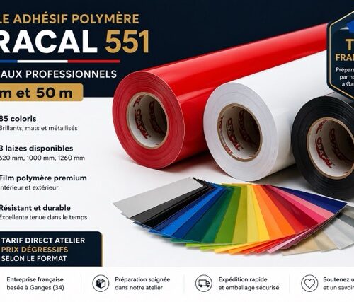 Rouleaux de vinyle adhésif polymère ORACAL 551 de 25 et 50 mètres disponibles en plusieurs coloris et laizes