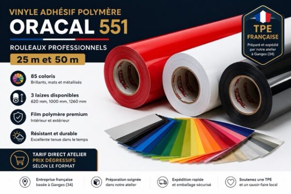 Rouleaux de vinyle adhésif polymère ORACAL 551 de 25 et 50 mètres disponibles en plusieurs coloris et laizes