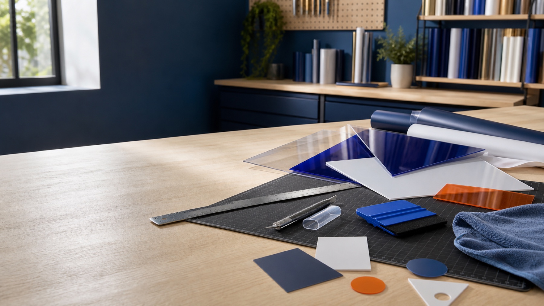Plaques PMMA, vinyles adhésifs et outils de découpe réunis dans un atelier professionnel
