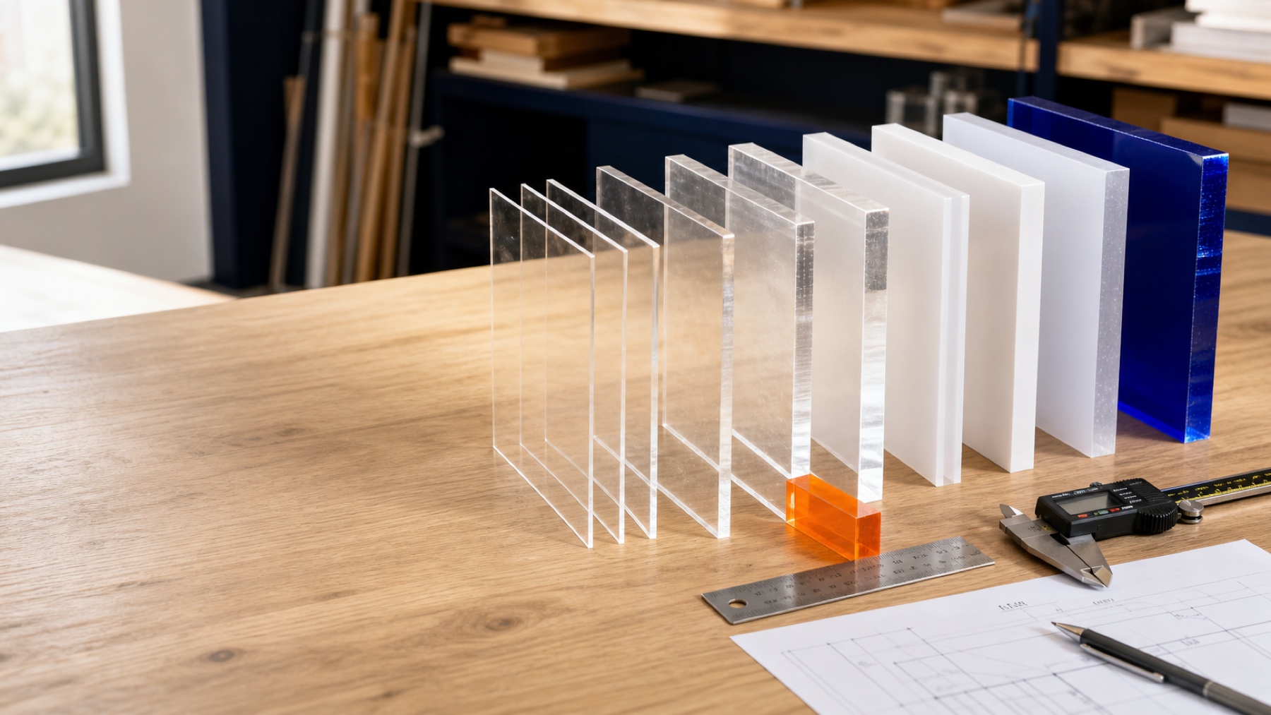Plaques de PMMA transparentes et blanches de différentes épaisseurs dans un atelier